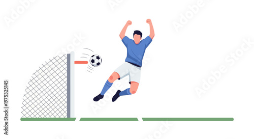 Professional soccer player scoring a goal in the net. EPS Editable. Vector Illustrations.