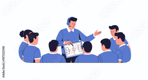 Soccer coach giving instructions to team with tactical board. EPS Editable. Vector Illustrations.