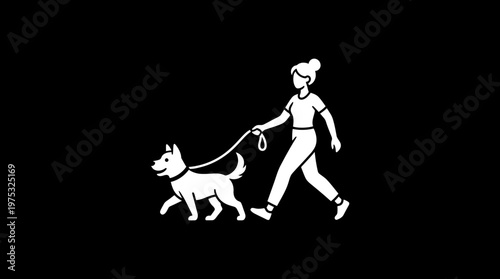Woman Walking Dog on Leash Minimalist Black and White Design