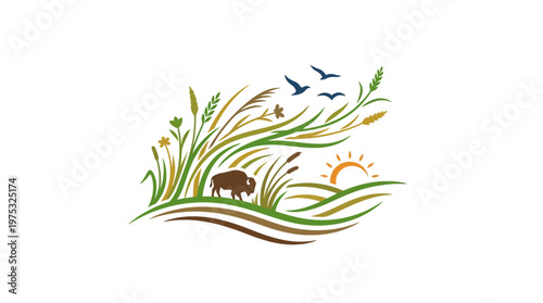 Stylized Prairie Landscape Logo with Bison