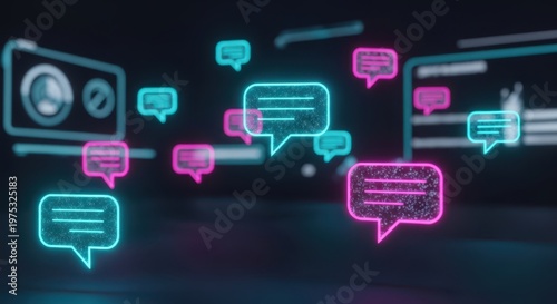 A professional 3D render of neon speech bubbles floating within a digital interface reflecting a high-tech communication platform. 