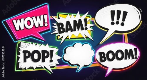 A high-energy vibrant 3D illustration featuring classic comic book style speech bubbles with words like 'WOW' and 'BAM'. 