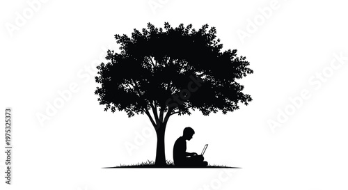A solitary figure sits working on a laptop beneath the branches of a full tree presented as a silhouette high quality