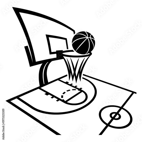 basketball dunking into hoop on court line drawing illustration vector clipart black and white