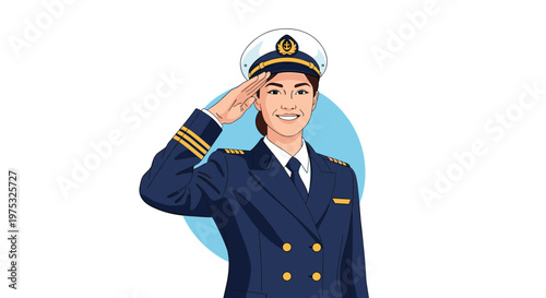 Cheerful female captain in a professional navy uniform and hat gives a respectful salute against a blue circular background.