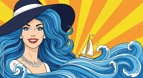 Beautiful woman with flowing blue hair like ocean waves is depicted with a sailboat and sunburst in a vibrant pop art scene.