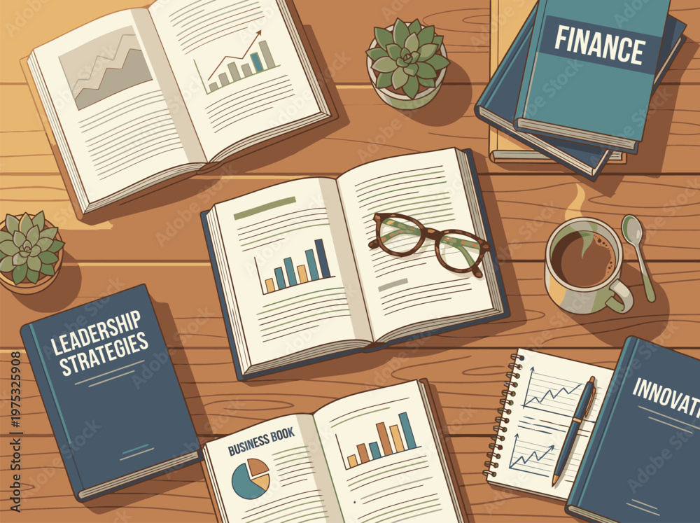 Obraz premium Financial and Leadership Books on Wooden Desk.