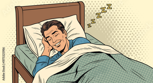 Man sleeps peacefully in a comfortable bed with a happy smile on his face while floating ZZZ symbols indicate a deep slumber.