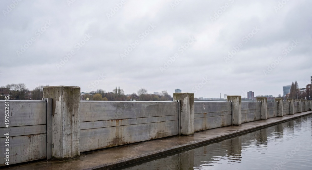 Obraz premium Urban flood barrier wall along cloudy waterfront