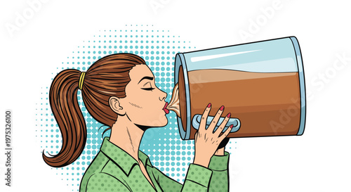 Woman with a ponytail enjoys a giant mug of hot coffee with a look of pure bliss in a vibrant comic book art illustration.