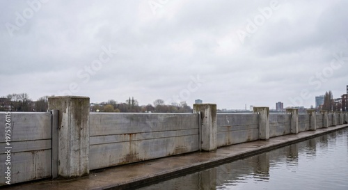 Urban flood barrier wall along cloudy waterfront