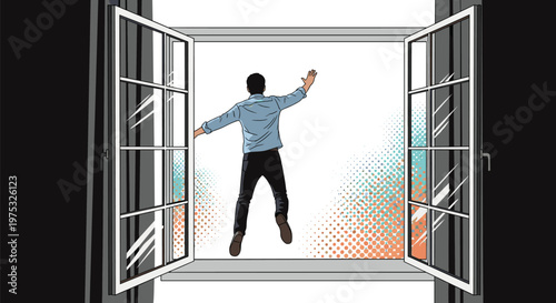 Man seen from behind jumps through an open window into a bright colorful void as a metaphor for freedom or starting over.