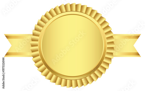 Luxury gold medal with gold ribbon for diploma decoration, certificate recognition, academic success, premium winner badge, and education branding