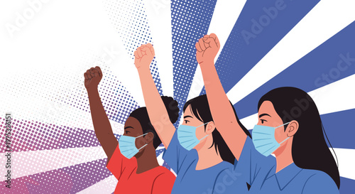 Diverse group of women wearing protective medical masks raise their fists in a strong gesture of solidarity and social protest.