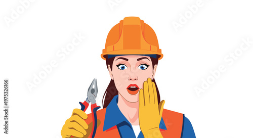 Amazed female electrician wearing a safety hard hat and orange vest holds pliers with a shocked expression in pop art style.