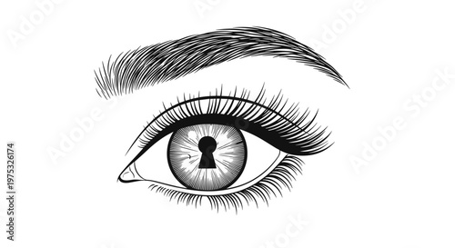 Black and white line art illustration of a detailed human eye featuring a keyhole shape in the pupil for mystery themes.