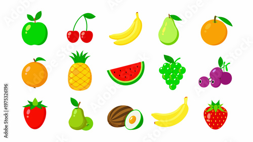Colorful assortment of various fruits displayed on a white background