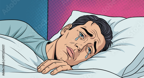 Sad man lies in bed crying with tears on his face while looking depressed in a classic pop art comic book style illustration.