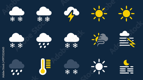 Colorful weather icons depicting various atmospheric conditions and forecasts