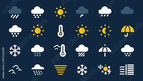 Various weather icons displayed against a dark blue background