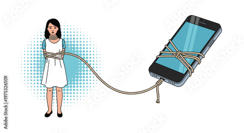 Young girl tied up with a thick rope to a large smartphone depicting a metaphor for digital addiction and social media dependency.