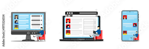 Set collection of video conference concept with flat vector illustration. Businessman on front his laptop or smartphone to online meeting with his teamwork. 