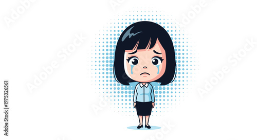 Cartoon illustration of a young business woman in tears expressing deep sadness or a feeling of failure in an office environment.