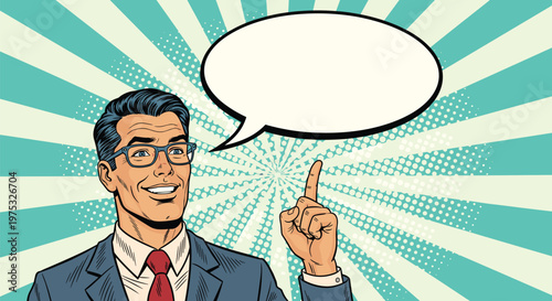 Smiling businessman in glasses pointing his finger up next to a large empty speech bubble for new ideas or official announcements.