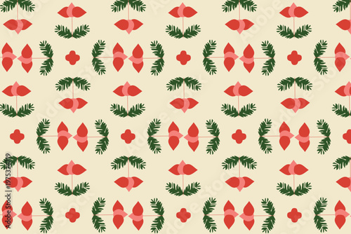 Crimson and sage geometric flower tile seamless pattern with small red blossoms arranged in a clean symmetrical repeat