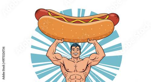 Strong muscular man lifting a giant hot dog with yellow mustard in front of a bright blue and white sunburst pop art background.