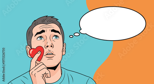 Pensive young man holding a small red heart and looking up at a blank thought bubble against a blue and orange split background.