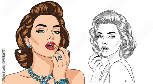 Beautiful woman applying red lipstick shown in both full color and black and white line art versions for a makeup beauty concept.