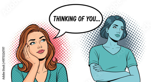 Young woman with brown hair resting her head on her hand and thinking of a female friend within a blank text speech bubble.