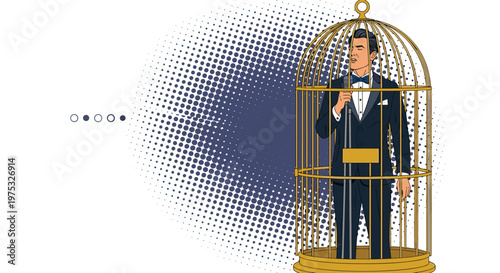 Elegant man in a black tuxedo singing into a microphone inside a large golden birdcage symbolizing a lack of artistic freedom.