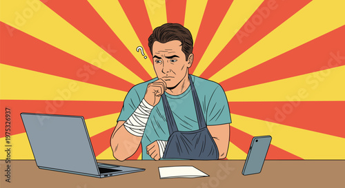 Professional man with bandages and an arm in a sling looking confused while working on a laptop at his desk with a question mark.