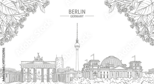 Black and white line art drawing of Berlin skyline featuring landmarks and linden branches