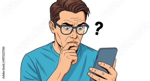 Middle aged man with glasses looking at his smartphone with a confused expression and a question mark icon for a tech problem.