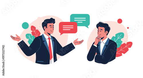 Two professional businessmen in suits engaged in a friendly conversation with colorful speech bubbles between their avatars.