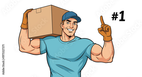 Strong muscular delivery man in a cap holding a large cardboard box and pointing up with a number one symbol for best service.