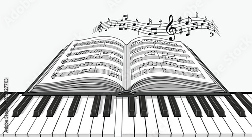 Black and white illustration of an open sheet music book on a piano with musical notes and symbols floating in the air.