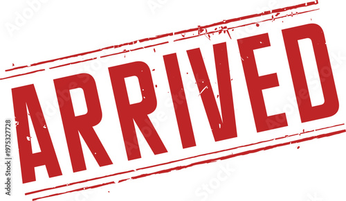 Vintage Arrived Rubber Stamp with Red Ink Texture and Parallel Lines, The entire graphic is angled diagonally and possesses a gritty, weathered texture that gives it a vintage postal