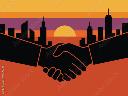 Silhouette of Handshake Against Sunset City Skyline.