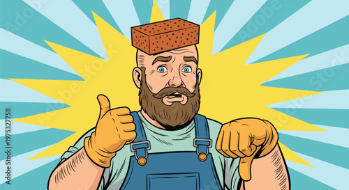 Confused bearded worker in overalls and gloves with a sponge on his head giving a thumbs up and a thumbs down.