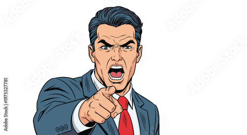 Angry man in a business suit shouting and pointing his finger directly at the viewer against a white background.
