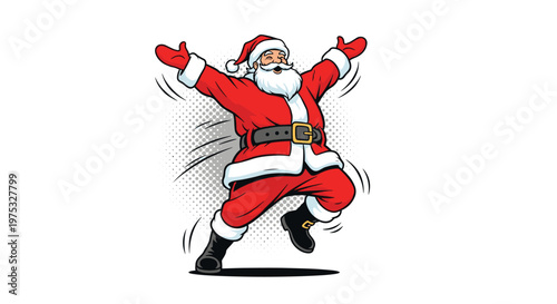 Joyful Santa Claus in his traditional red suit and hat dancing with excitement on a white background with dots.