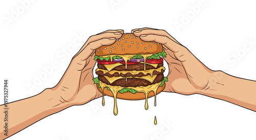 Close up illustration of two hands holding a massive double cheeseburger with melting cheese and fresh vegetables.