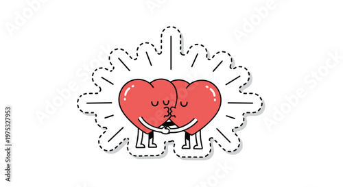 Cute sticker style illustration of two red heart characters holding hands and sharing a romantic kiss with rays in the background.