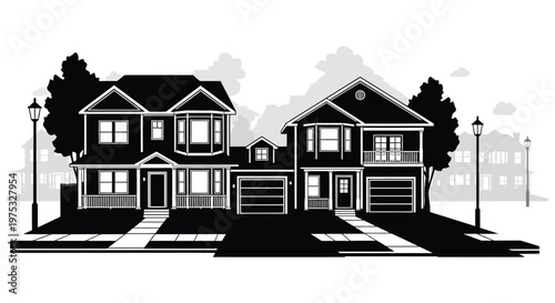 A striking black and white illustration depicts two suburban homes with detailed architectural features presented as a silhouette high quality professional modern elegant