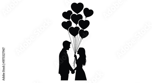 A couple holds hands with heart shaped balloons rising above them creating a romantic and joyful scene silhouette high quality professional detailed
