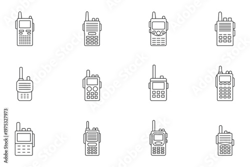Set of walkie talkie line icons, handheld radio transceivers and two-way communication device outline vector illustrations for mobile apps and web design